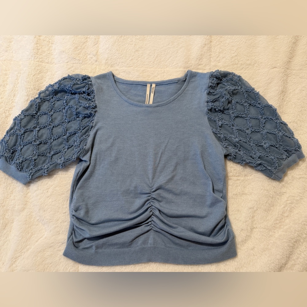 Anthropologie Blue Ruched Blouse with Textured Puff Sleeves